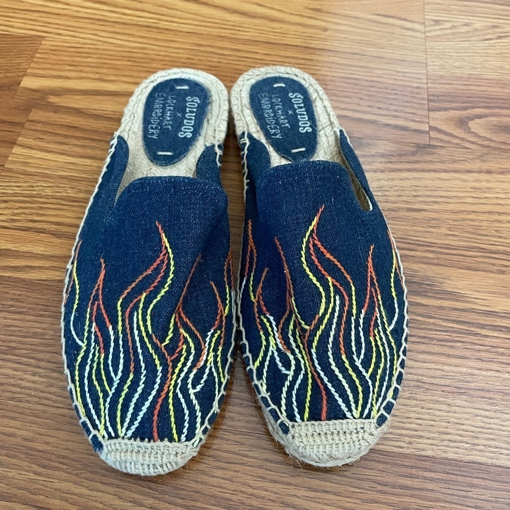 Soludos Lockhart Denim Colorful Flame Embroidery Boho Summer Espadrille Mules